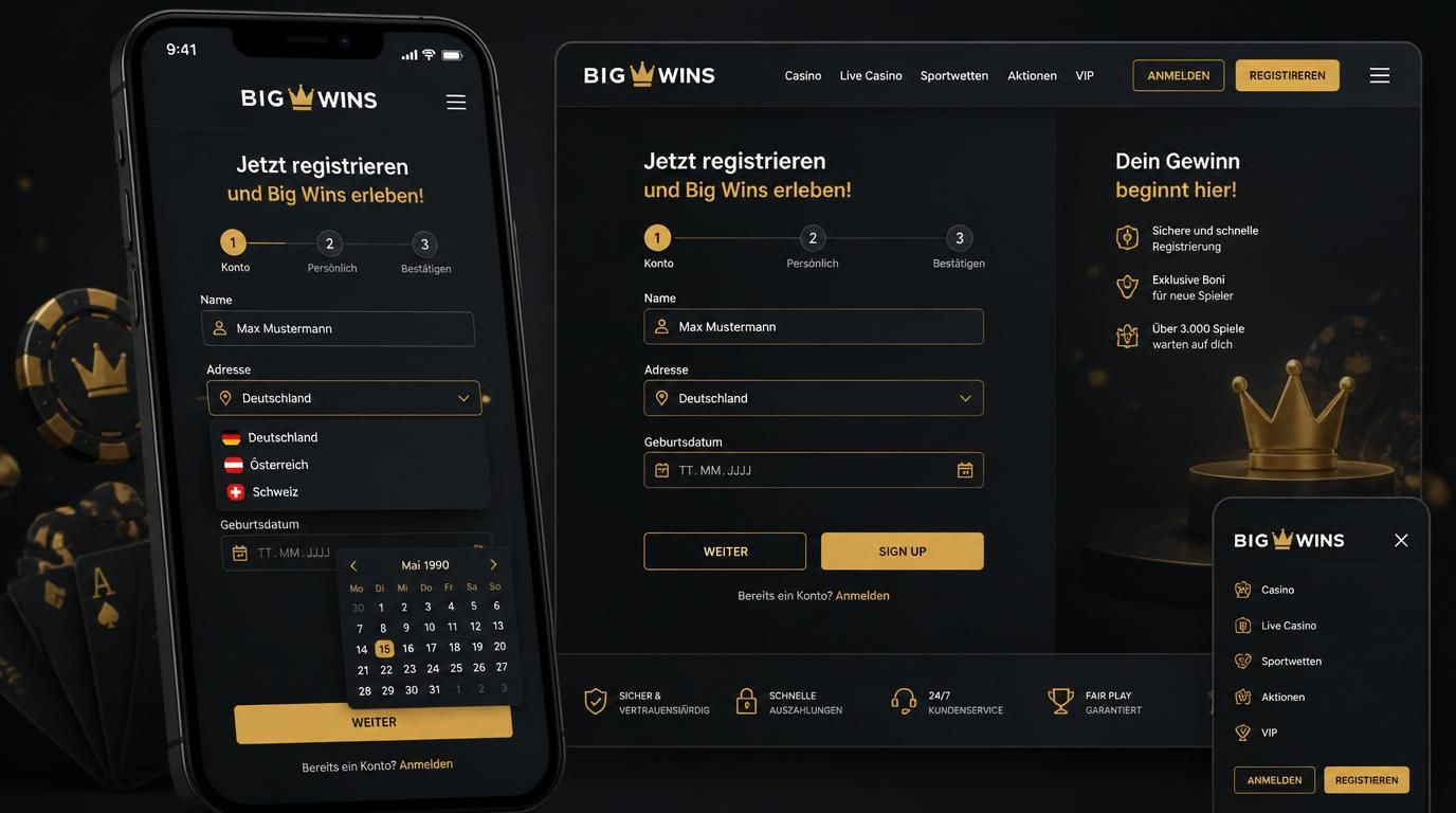 Smartphone zeigt Registrierungsformular von BigWins mit Dropdowns und Kalender