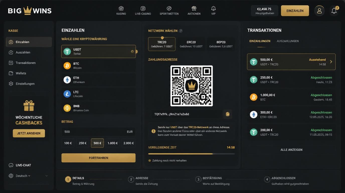 Benutzer wählt Kryptowährung aus im Casino-Kaufbereich mit QR-Code und Netzwerkwahl sichtbar