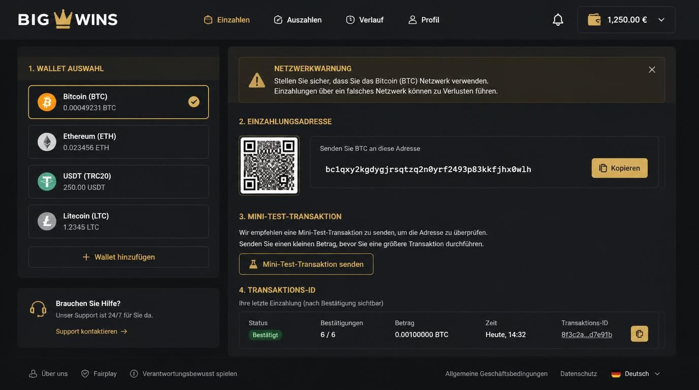 Krypto-Einzahlung mit Warnhinweis, Wallet-Auswahl und Test-Transaktion
