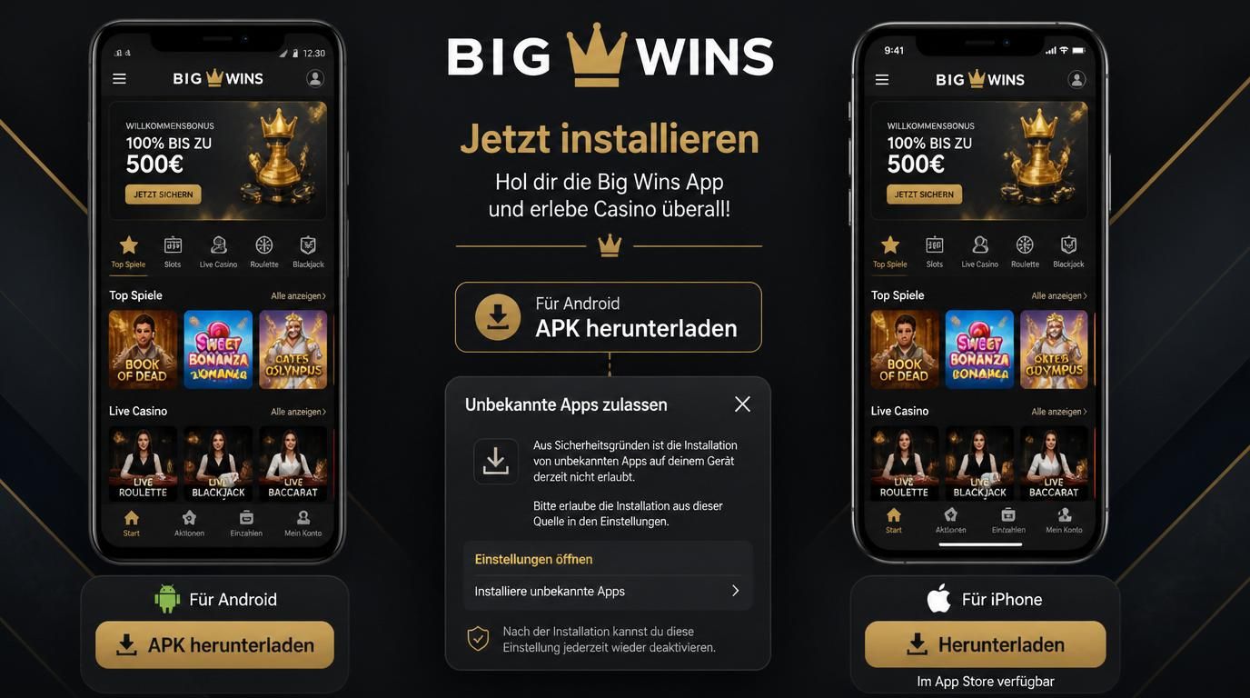 Android- und iOS-Geräte mit Bigwins-App-Installationsbildschirm