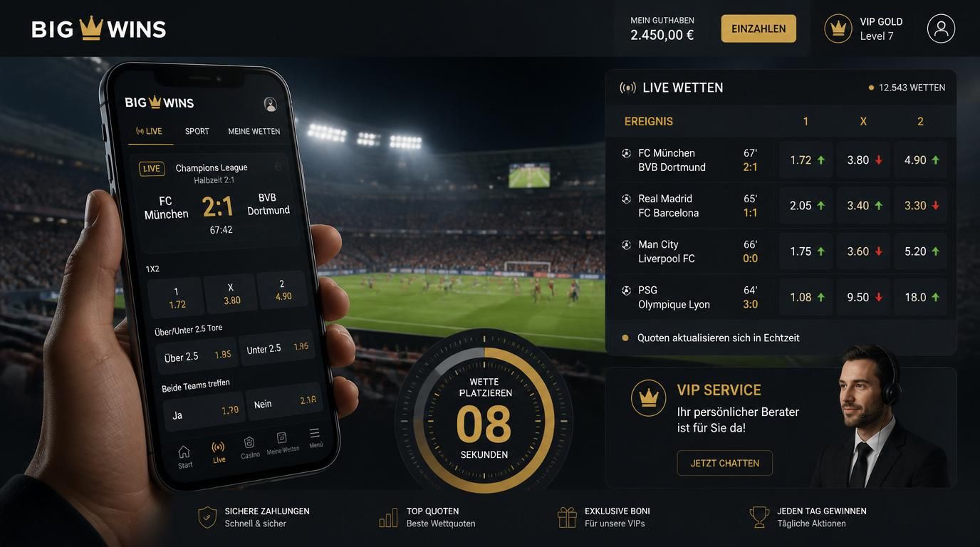Live-Wetten-Interface mit sich ändernden Quoten und VIP-Service 
