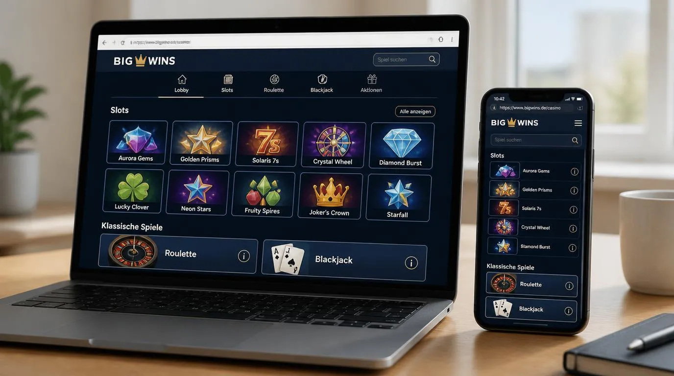 Casino-Spielelobby auf Laptop und Smartphone mit übersichtlichen Spielkacheln und gut lesbaren Bedienelementen