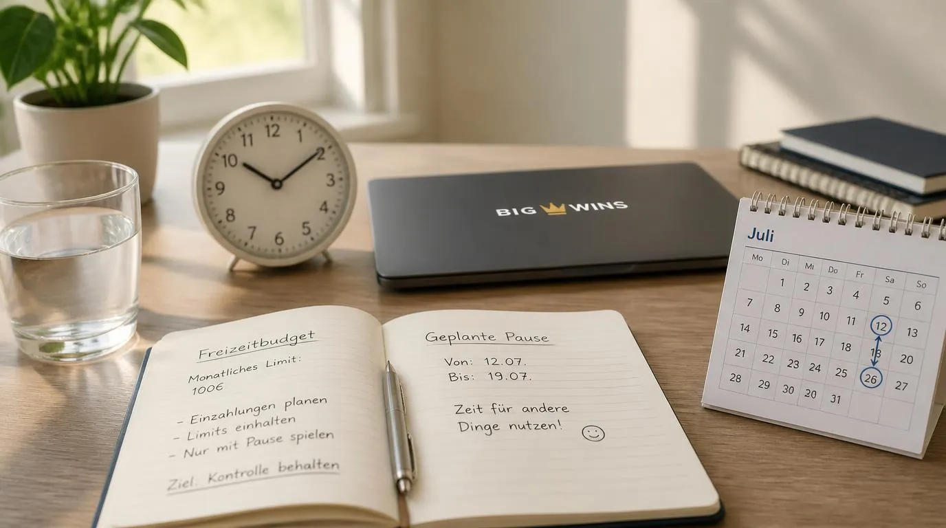 Geschlossener Laptop neben einer Uhr und einem Notizbuch für Freizeitbudget und geplante Spielpausen