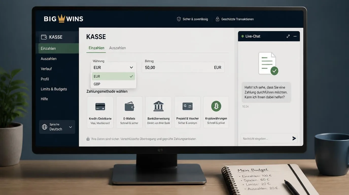 Casino-Kassenansicht mit deutscher Sprache, Euro-Auswahl, Zahlungsoptionen und geöffnetem Live-Chat