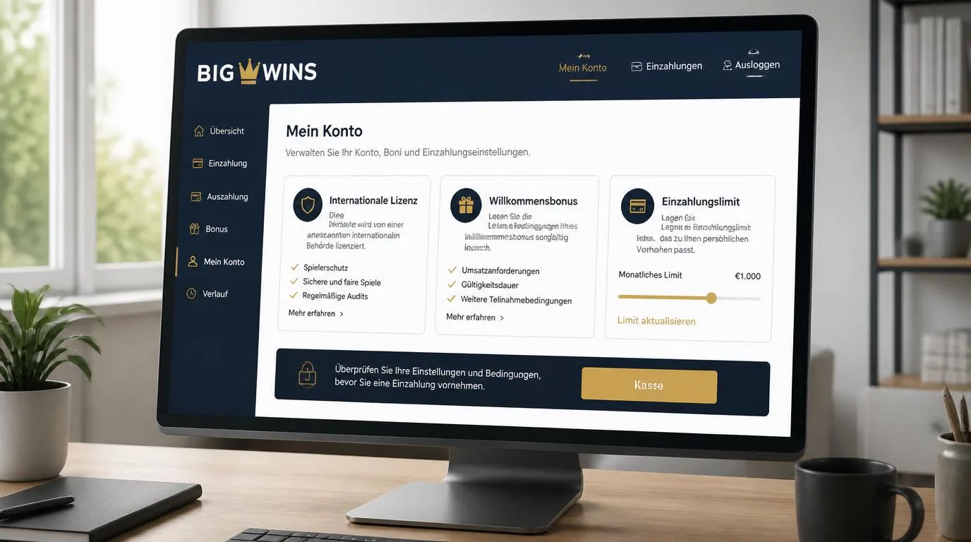 Casino-Oberfläche mit Lizenzinformationen, Bonusbedingungen und einer Schaltfläche zur Kasse