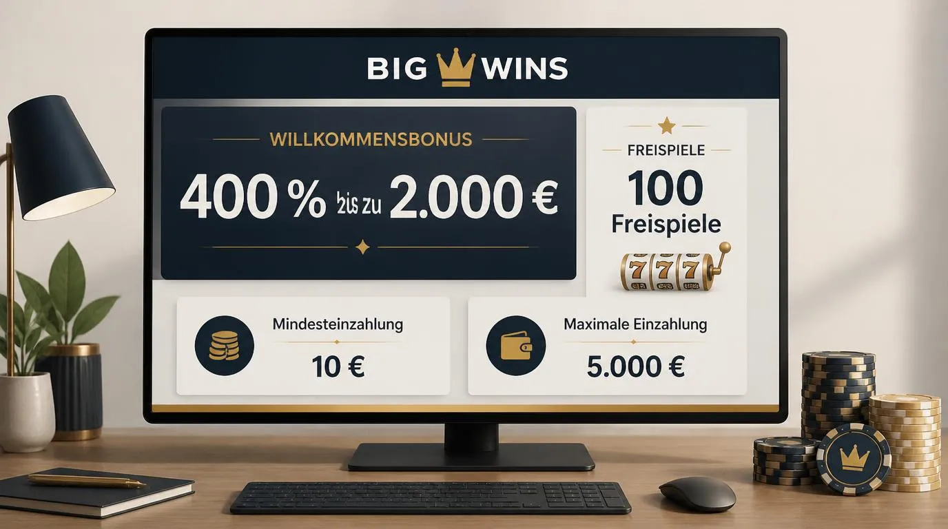 Bonusübersicht mit 400 % bis zu 2.000 €, 100 Freispielen und Einzahlungslimits von 10 € bis 5.000 €