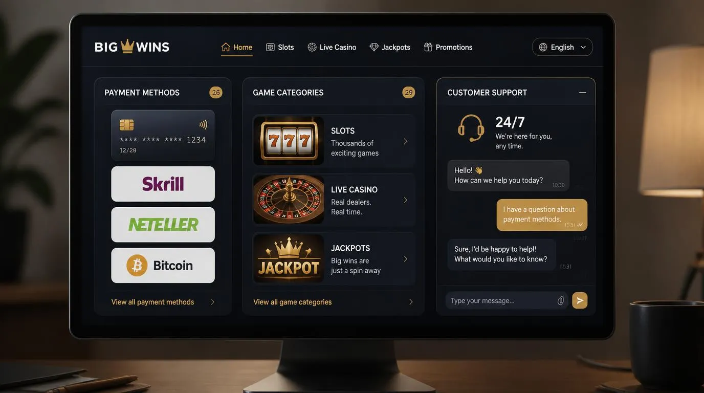Casino-Oberfläche mit Zahlungsmethoden, Spielauswahl und geöffnetem Live-Chat